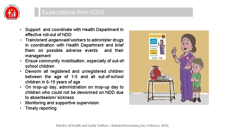Expectations from ICDS • Support and coordinate with Health Department in effective roll-out of