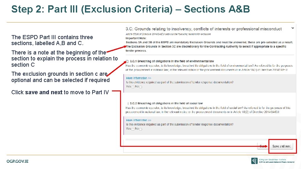 Step 2: Part III (Exclusion Criteria) – Sections A&B The ESPD Part III contains