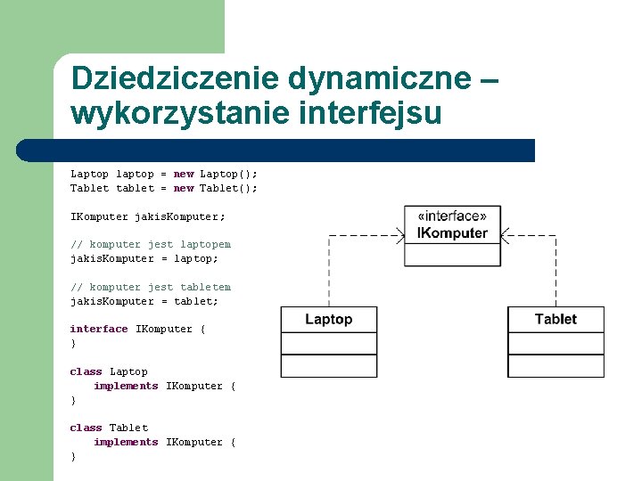 Dziedziczenie dynamiczne – wykorzystanie interfejsu Laptop laptop = new Laptop(); Tablet tablet = new