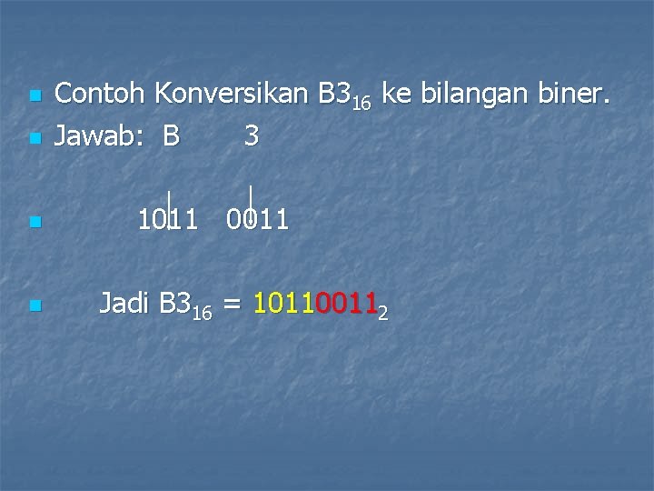 n n Contoh Konversikan B 316 ke bilangan biner. Jawab: B 3 1011 0011