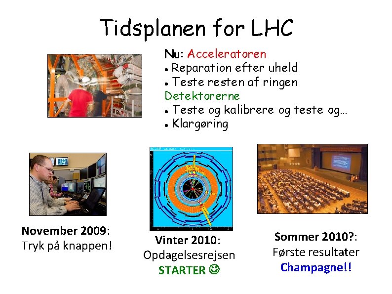 Tidsplanen for LHC Nu: Acceleratoren Reparation efter uheld Teste resten af ringen Detektorerne Teste