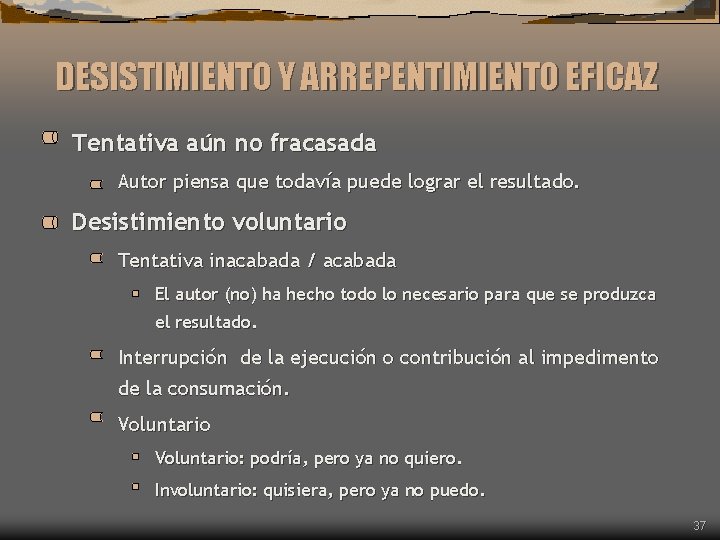 DESISTIMIENTO Y ARREPENTIMIENTO EFICAZ Tentativa aún no fracasada Autor piensa que todavía puede lograr DESISTIMIENTO Y ARREPENTIMIENTO EFICAZ Tentativa aún no fracasada Autor piensa que todavía puede lograr