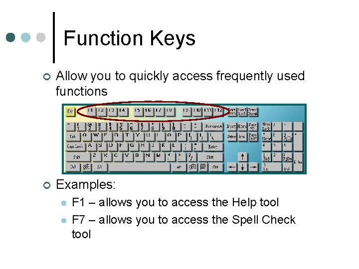 Function Keys ¢ Allow you to quickly access frequently used functions ¢ Examples: l