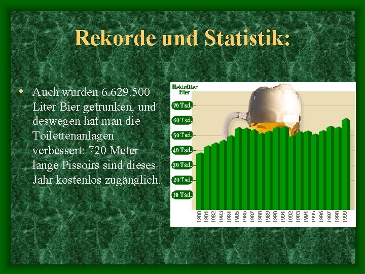 Rekorde und Statistik: • Auch wurden 6. 629. 500 Liter Bier getrunken, und deswegen