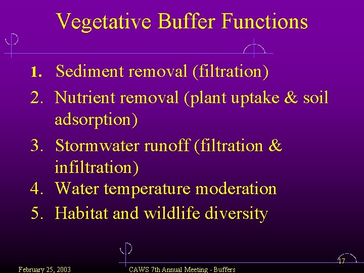 Vegetative Buffer Functions 1. Sediment removal (filtration) 2. Nutrient removal (plant uptake & soil