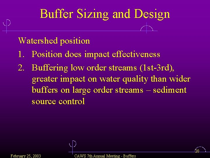 Buffer Sizing and Design Watershed position 1. Position does impact effectiveness 2. Buffering low