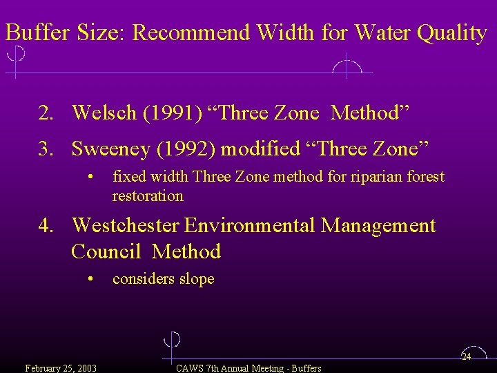 Buffer Size: Recommend Width for Water Quality 2. Welsch (1991) “Three Zone Method” 3.