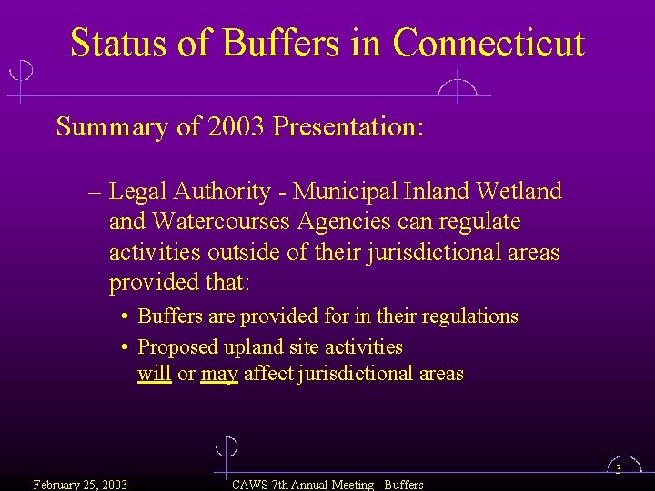 Status of Buffers in Connecticut Summary of 2003 Presentation: – Legal Authority - Municipal