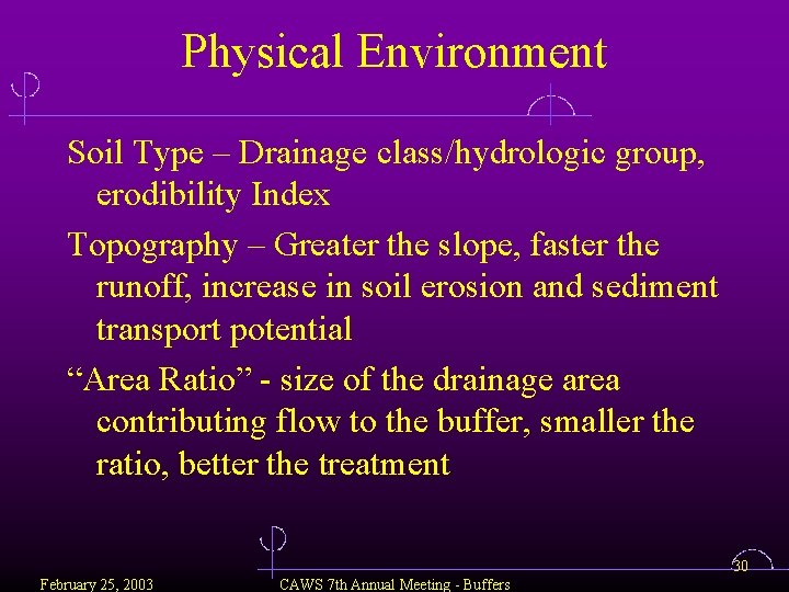 Physical Environment Soil Type – Drainage class/hydrologic group, erodibility Index Topography – Greater the