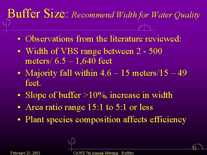 Buffer Size: Recommend Width for Water Quality • Observations from the literature reviewed: •