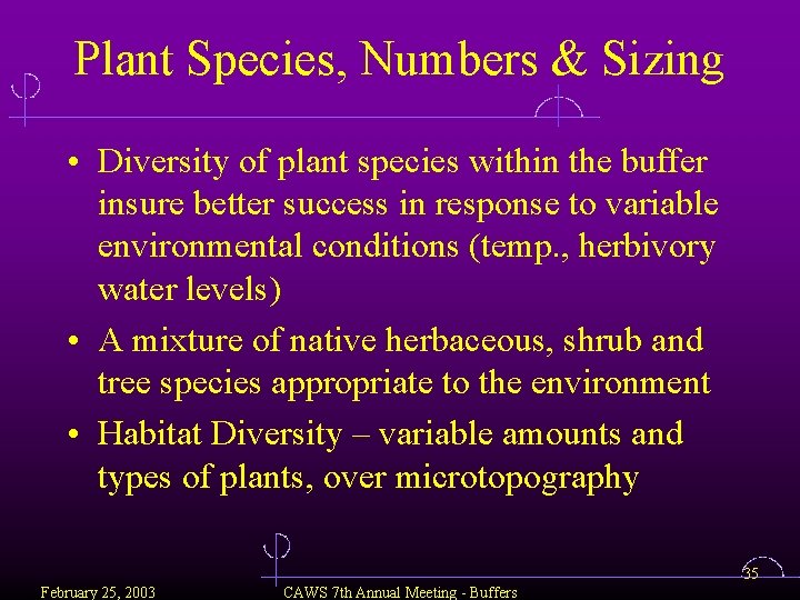 Plant Species, Numbers & Sizing • Diversity of plant species within the buffer insure
