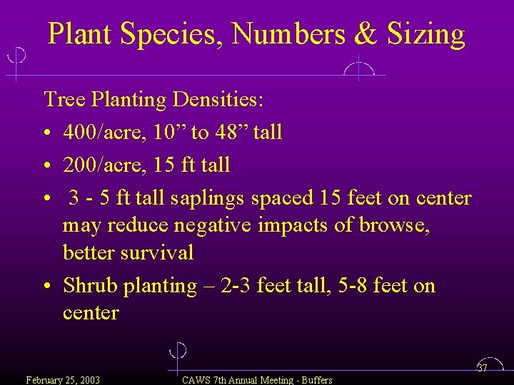 Plant Species, Numbers & Sizing Tree Planting Densities: • 400/acre, 10” to 48” tall