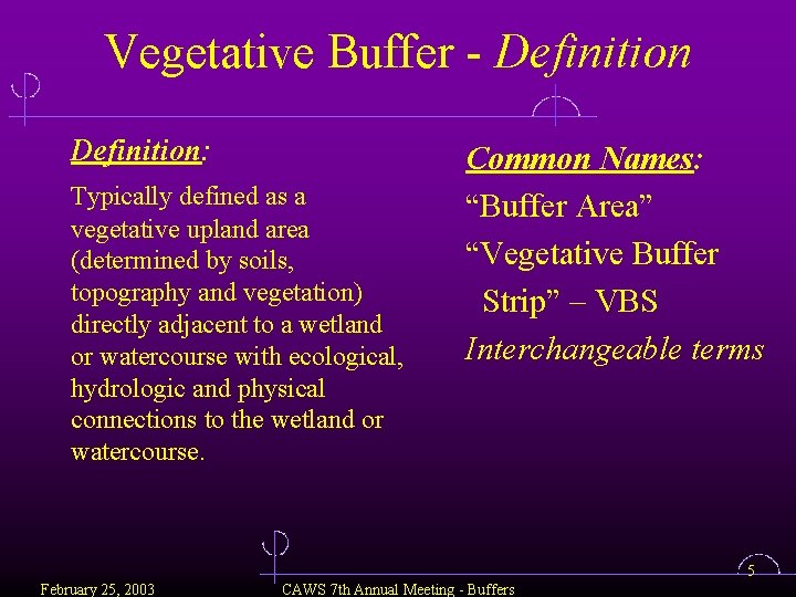 Vegetative Buffer - Definition: Typically defined as a vegetative upland area (determined by soils,