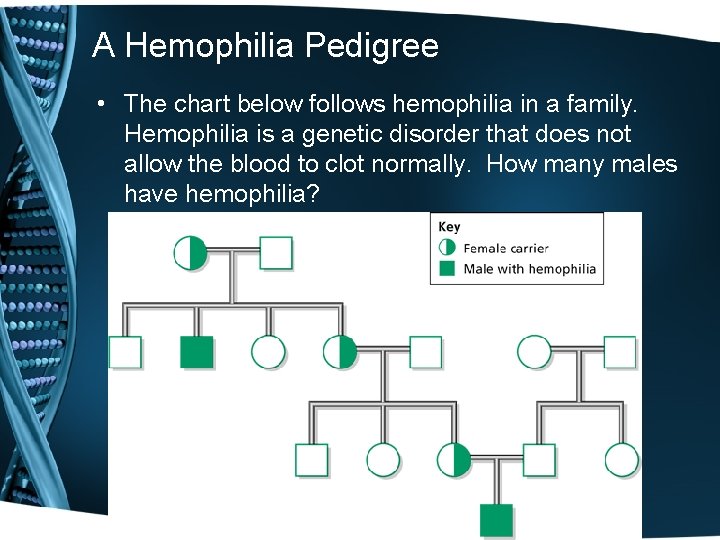 A Hemophilia Pedigree • The chart below follows hemophilia in a family. Hemophilia is