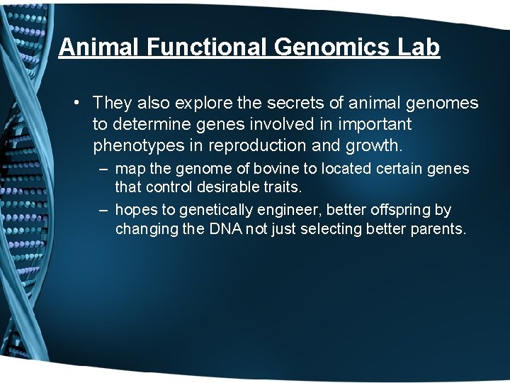 Animal Functional Genomics Lab • They also explore the secrets of animal genomes to