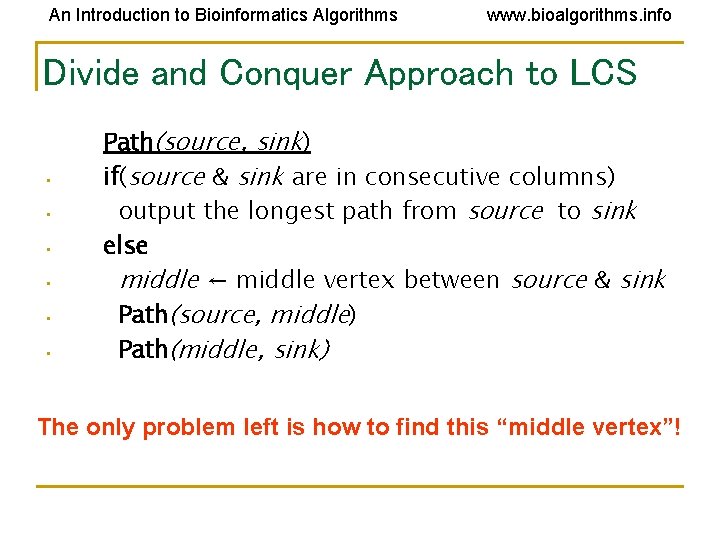 An Introduction to Bioinformatics Algorithms www. bioalgorithms. info Divide and Conquer Approach to LCS
