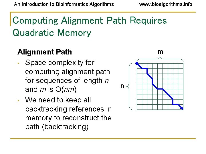 An Introduction to Bioinformatics Algorithms www. bioalgorithms. info Computing Alignment Path Requires Quadratic Memory