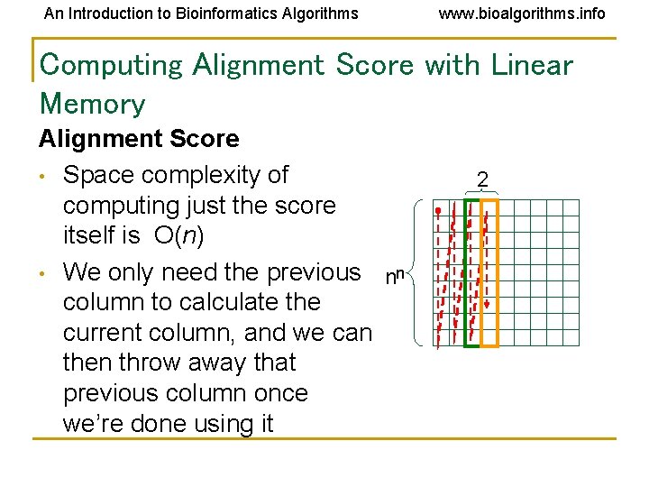 An Introduction to Bioinformatics Algorithms www. bioalgorithms. info Computing Alignment Score with Linear Memory