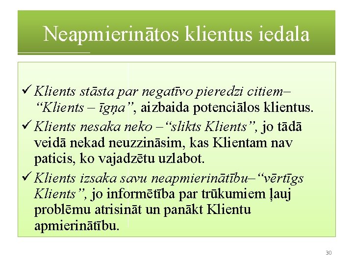 Neapmierinātos klientus iedala ü Klients stāsta par negatīvo pieredzi citiem– “Klients – īgņa”, aizbaida