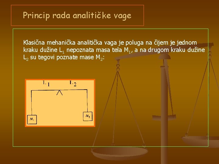 Princip rada analitičke vage Klasična mehanička analitička vaga je poluga na čijem je jednom