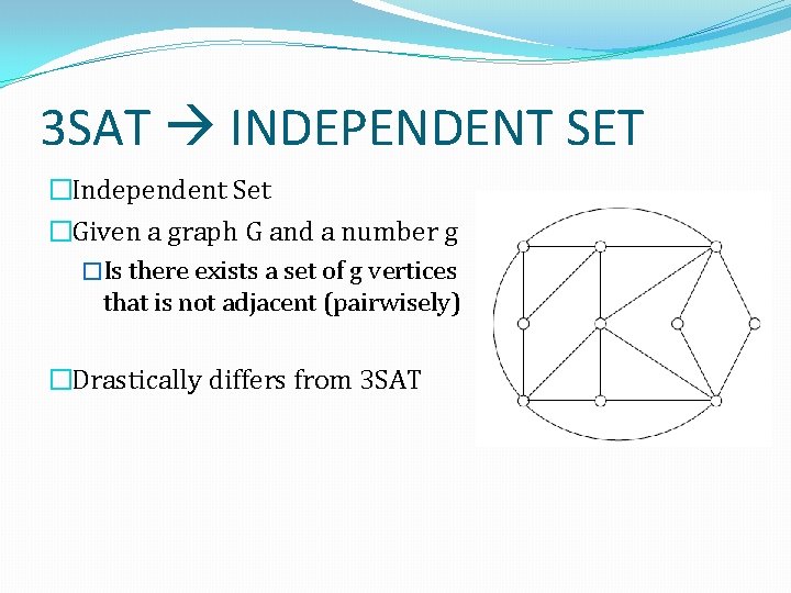 3 SAT INDEPENDENT SET �Independent Set �Given a graph G and a number g
