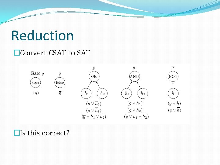 Reduction �Convert CSAT to SAT �Is this correct? 