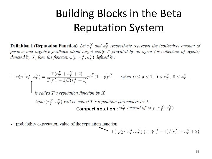 Building Blocks in the Beta Reputation System • Compact notation : • 15 