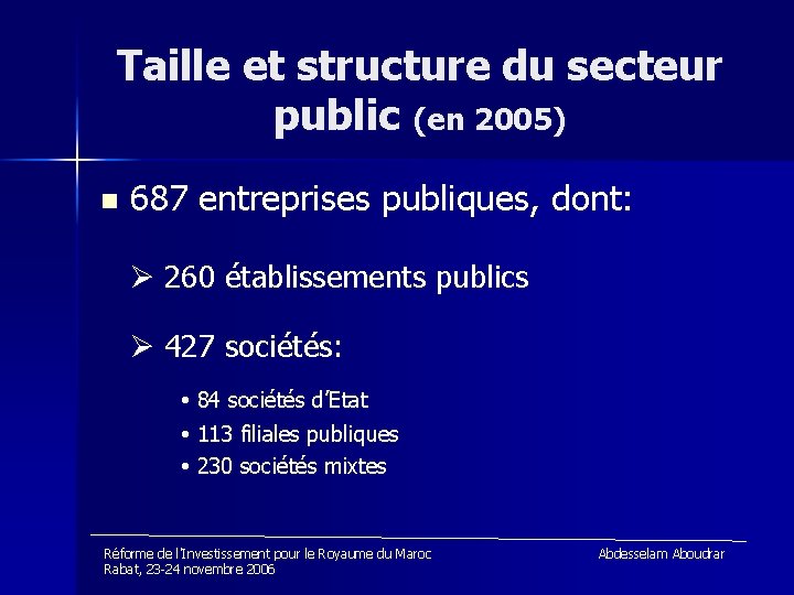Taille et structure du secteur public (en 2005) n 687 entreprises publiques, dont: 260