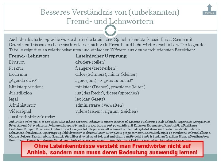 Besseres Verständnis von (unbekannten) Fremd- und Lehnwörtern Zurück Auch die deutsche Sprache wurde durch