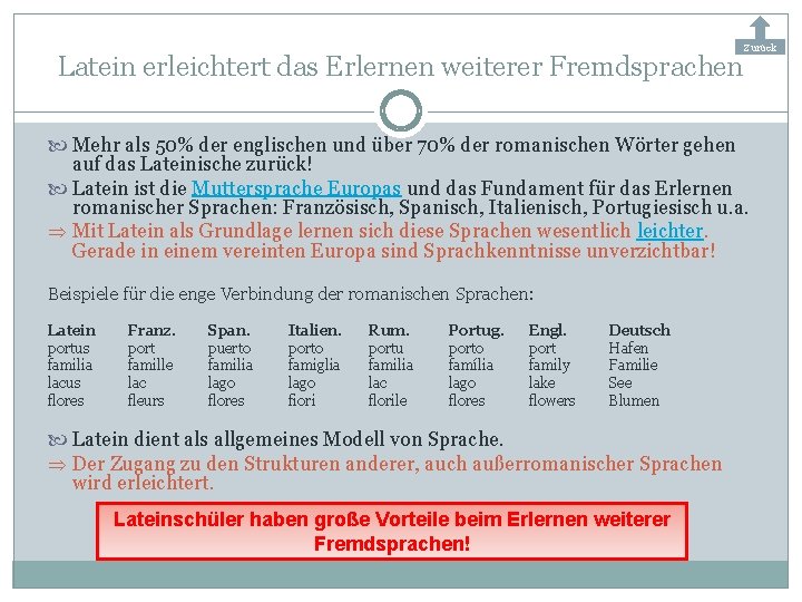 Latein erleichtert das Erlernen weiterer Fremdsprachen Zurück Mehr als 50% der englischen und über