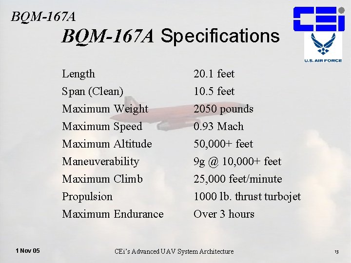 BQM-167 A Specifications 1 Nov 05 Length Span (Clean) Maximum Weight Maximum Speed 20.