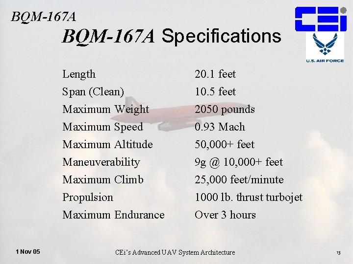 BQM-167 A Specifications 1 Nov 05 Length Span (Clean) Maximum Weight Maximum Speed 20.