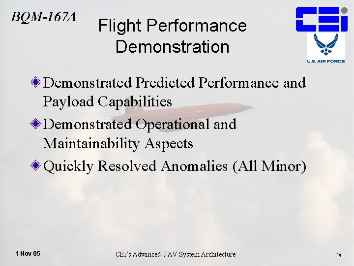 BQM-167 A Flight Performance Demonstration Demonstrated Predicted Performance and Payload Capabilities Demonstrated Operational and