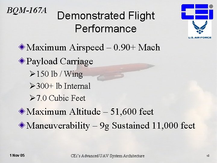 BQM-167 A Demonstrated Flight Performance Maximum Airspeed – 0. 90+ Mach Payload Carriage Ø