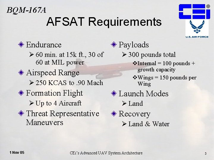 BQM-167 A AFSAT Requirements Endurance Payloads Ø 60 min. at 15 k ft. ,