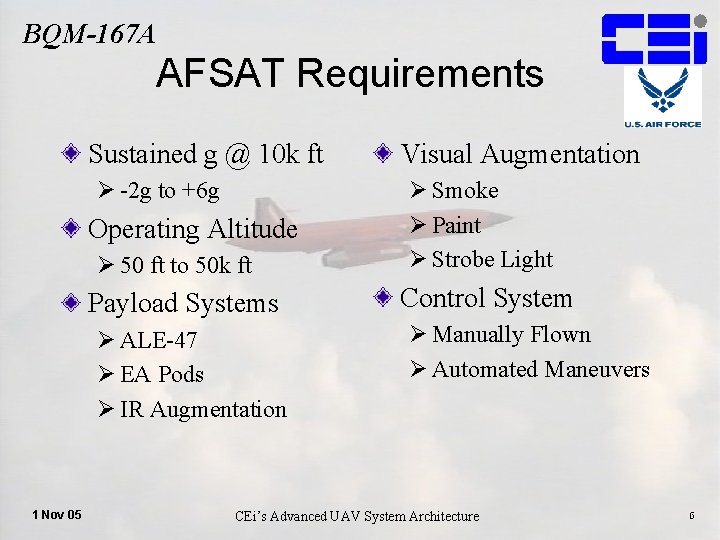 BQM-167 A AFSAT Requirements Sustained g @ 10 k ft Ø -2 g to