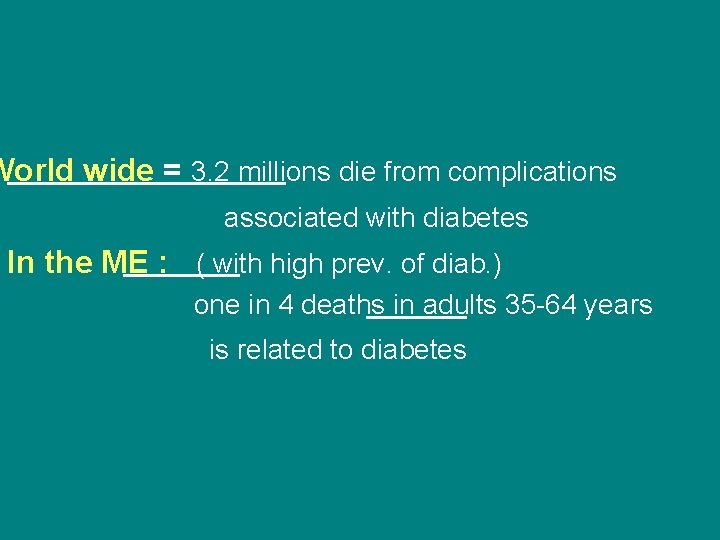 World wide = 3. 2 millions die from complications associated with diabetes In the