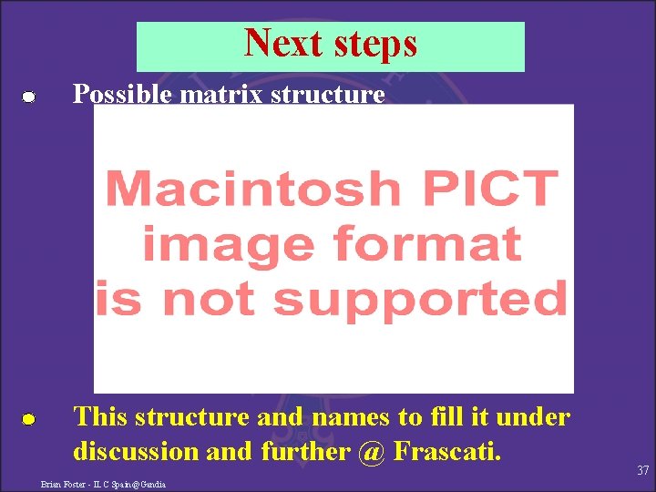 Next steps Possible matrix structure This structure and names to fill it under discussion