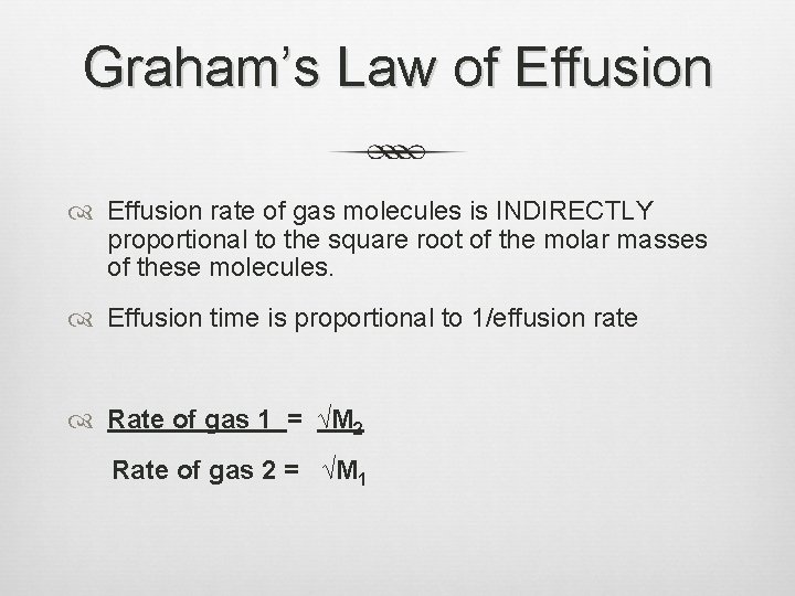 Graham’s Law of Effusion rate of gas molecules is INDIRECTLY proportional to the square