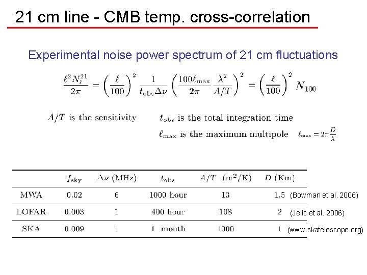 21 cm line - CMB temp. cross-correlation Experimental noise power spectrum of 21 cm