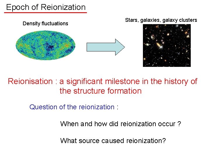 Epoch of Reionization Density fluctuations Stars, galaxies, galaxy clusters Reionisation : a significant milestone