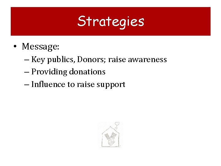 Strategies • Message: – Key publics, Donors; raise awareness – Providing donations – Influence