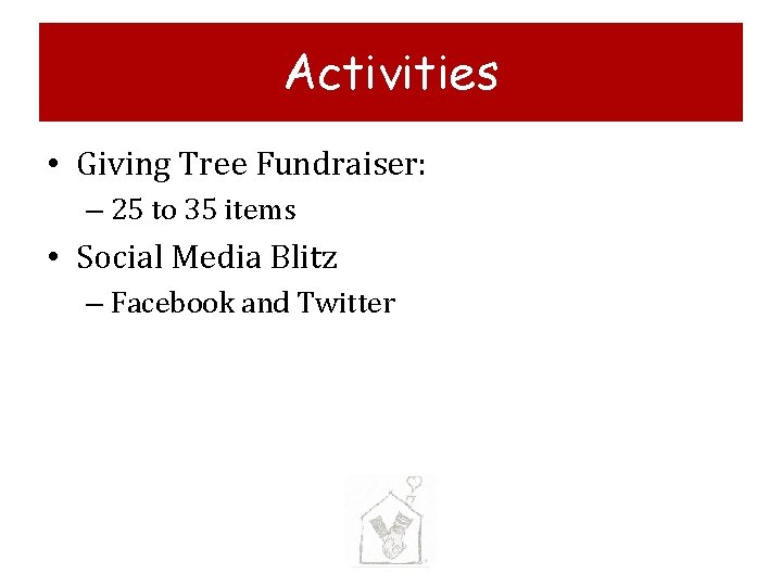 Activities • Giving Tree Fundraiser: – 25 to 35 items • Social Media Blitz