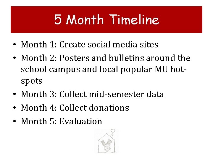 5 Month Timeline • Month 1: Create social media sites • Month 2: Posters