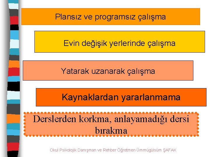 Plansız ve programsız çalışma Evin değişik yerlerinde çalışma Yatarak uzanarak çalışma Kaynaklardan yararlanmama Derslerden