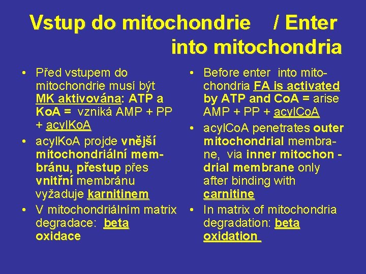 Vstup do mitochondrie / Enter into mitochondria • Před vstupem do mitochondrie musí být