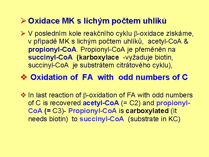 Ø Oxidace MK s lichým počtem uhlíků Ø V posledním kole reakčního cyklu b-oxidace