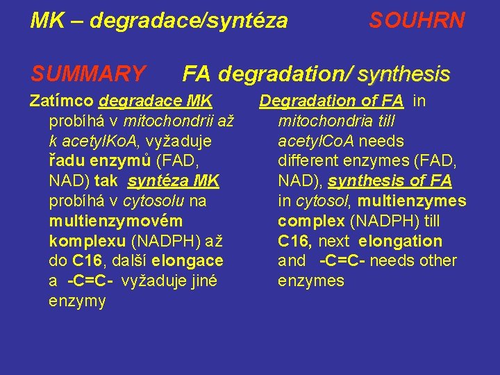 MK – degradace/syntéza SUMMARY SOUHRN FA degradation/ synthesis Zatímco degradace MK probíhá v mitochondrii