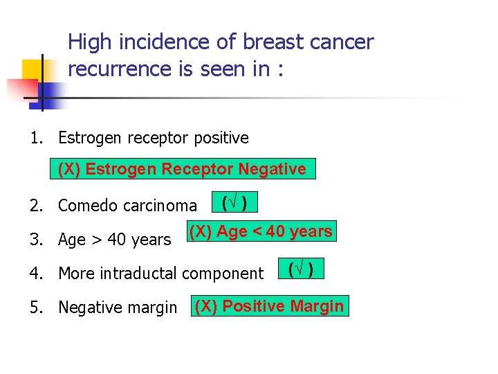 High incidence of breast cancer recurrence is seen in : 1. Estrogen receptor positive High incidence of breast cancer recurrence is seen in : 1. Estrogen receptor positive