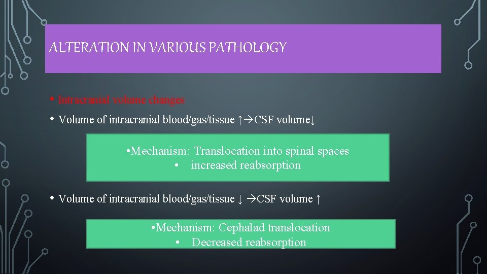 ALTERATION IN VARIOUS PATHOLOGY • Intracranial volume changes • Volume of intracranial blood/gas/tissue ↑